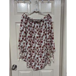 Rhapsody White Rose Print Floral Chiffon Dress sz Medium 3/4 Sleeve